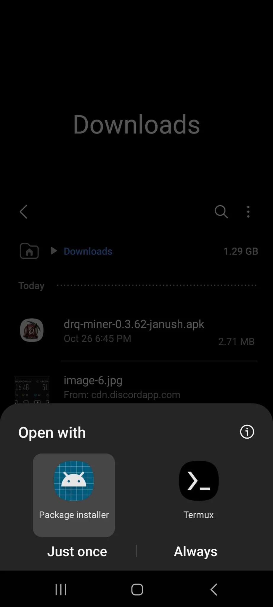 Choosing Package installer to open the APK