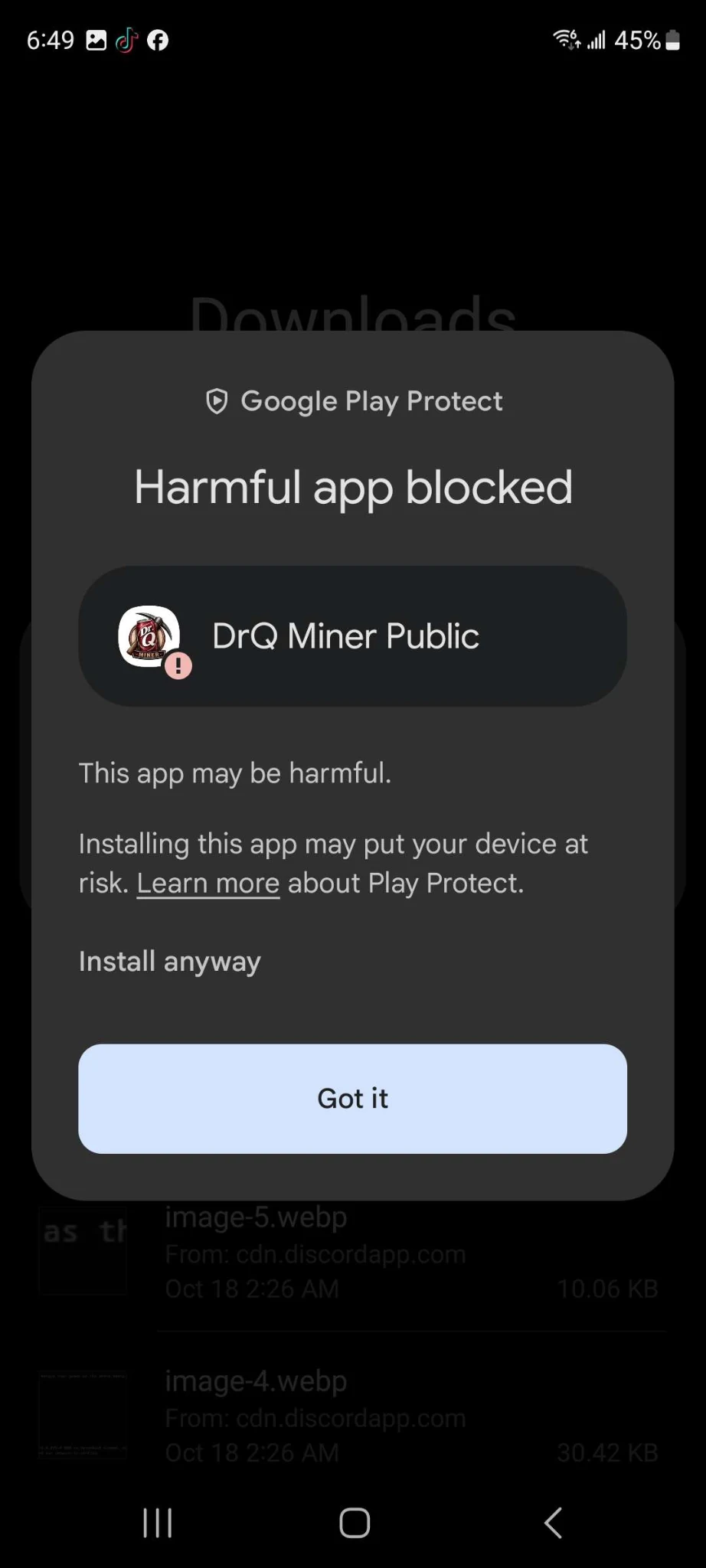 Play Protect warning that the app may be harmful